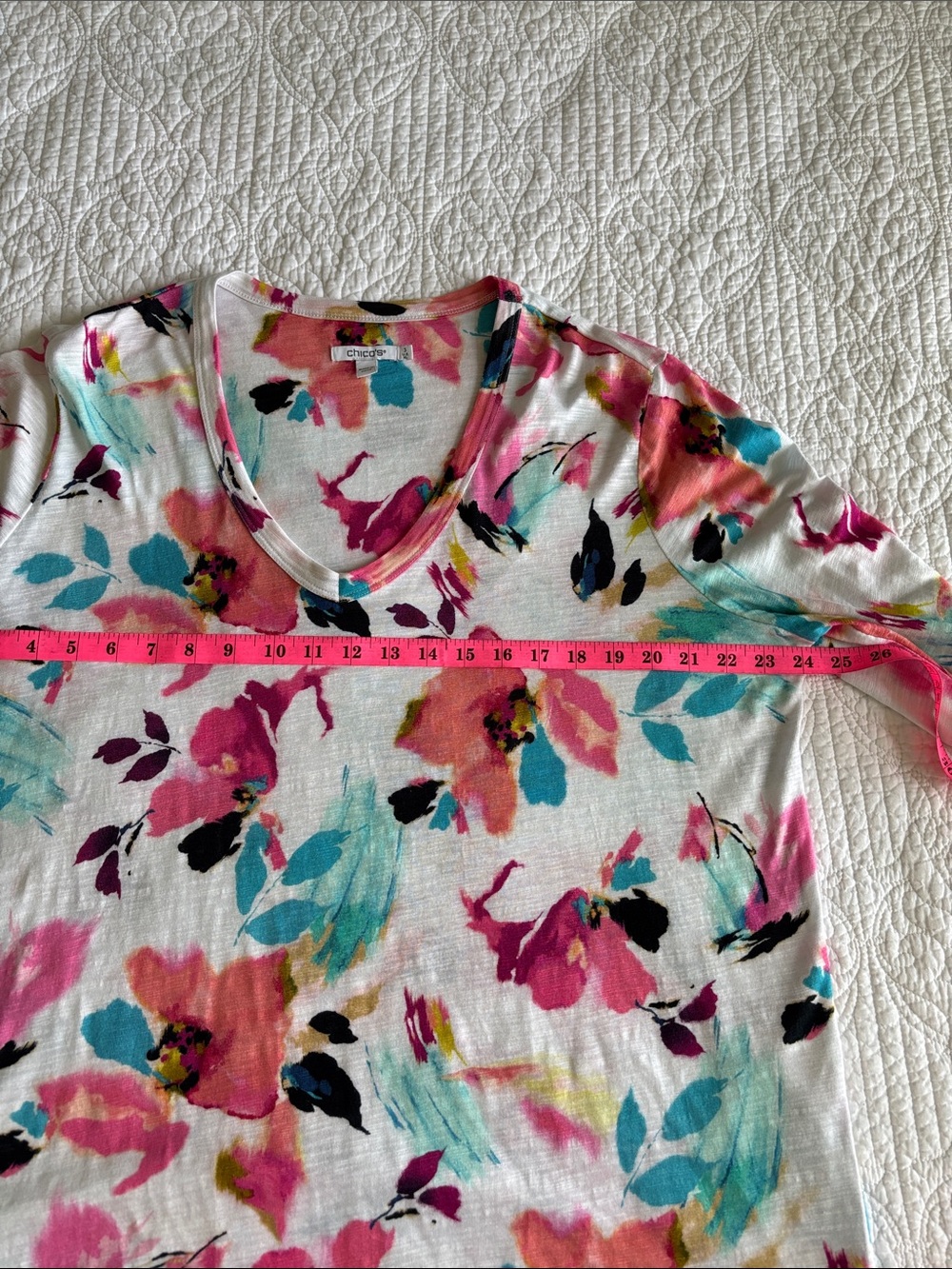 Chico's White V-Neck 3/4 Sleeve Watercolor Floral Tee Pink Teal Accents Size XL - Picture 7 of 9